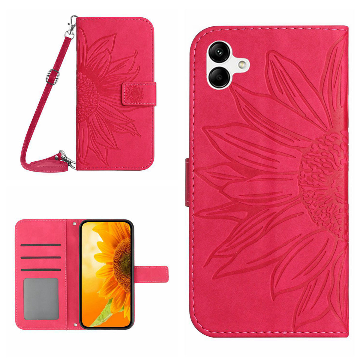 HT04 For Samsung Galaxy A06 Case PU Leather Sunflower Imprint Phone Cover with Long Strap - Rose
