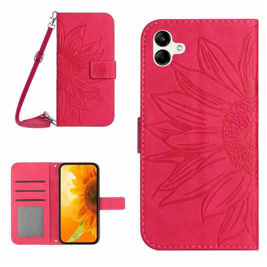 HT04 For Samsung Galaxy A06 Case PU Leather Sunflower Imprint Phone Cover with Long Strap - Rose