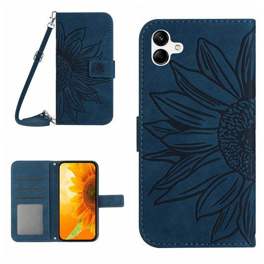 HT04 For Samsung Galaxy A06 Case PU Leather Sunflower Imprint Phone Cover with Long Strap - Dark Blue