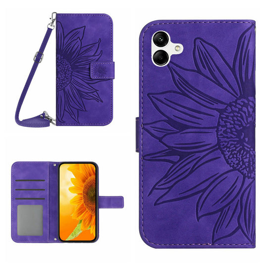 HT04 For Samsung Galaxy A06 Case PU Leather Sunflower Imprint Phone Cover with Long Strap - Dark Purple