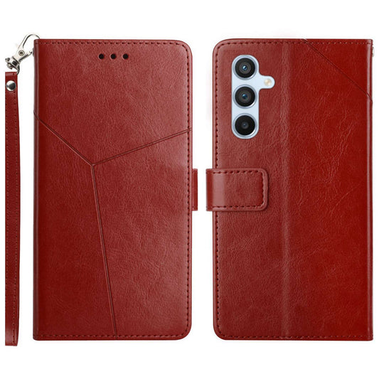 HT01 For Samsung Galaxy A16 5G / A16 4G Case Y-Shaped Lines Imprint Leather Phone Cover - Brown