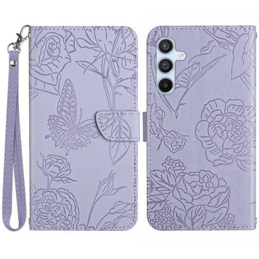 HT03 For Samsung Galaxy A16 5G / A16 4G Phone Case Butterfly Flower Imprint Leather Cover with Strap - Purple