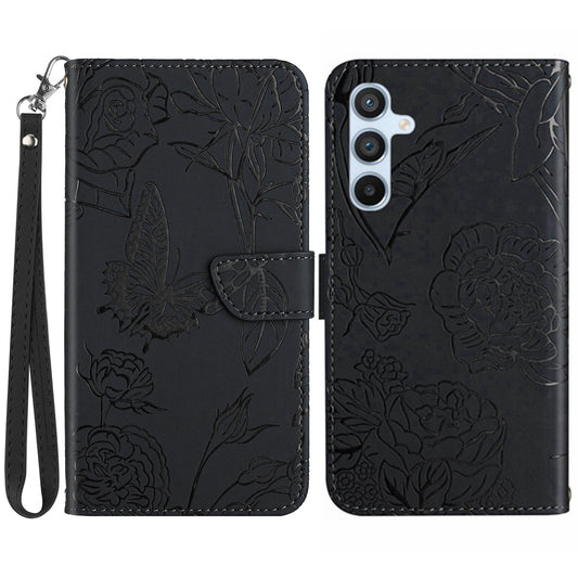 HT03 For Samsung Galaxy A16 5G / A16 4G Phone Case Butterfly Flower Imprint Leather Cover with Strap - Black