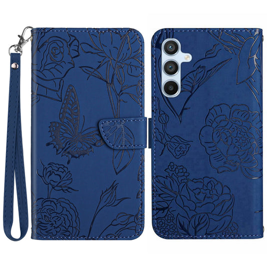 HT03 For Samsung Galaxy A16 5G / A16 4G Phone Case Butterfly Flower Imprint Leather Cover with Strap - Blue