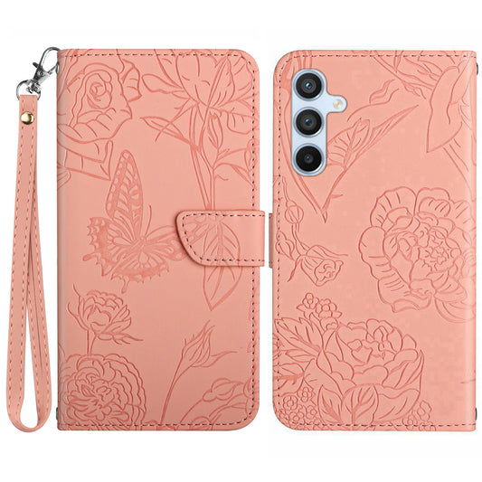 HT03 For Samsung Galaxy A16 5G / A16 4G Phone Case Butterfly Flower Imprint Leather Cover with Strap - Pink