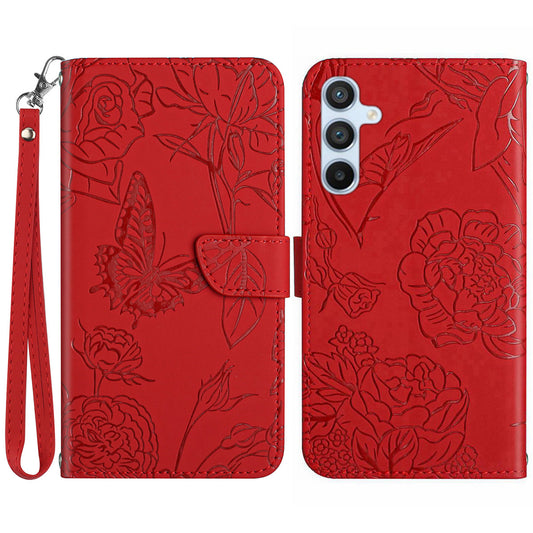 HT03 For Samsung Galaxy A16 5G / A16 4G Phone Case Butterfly Flower Imprint Leather Cover with Strap - Red