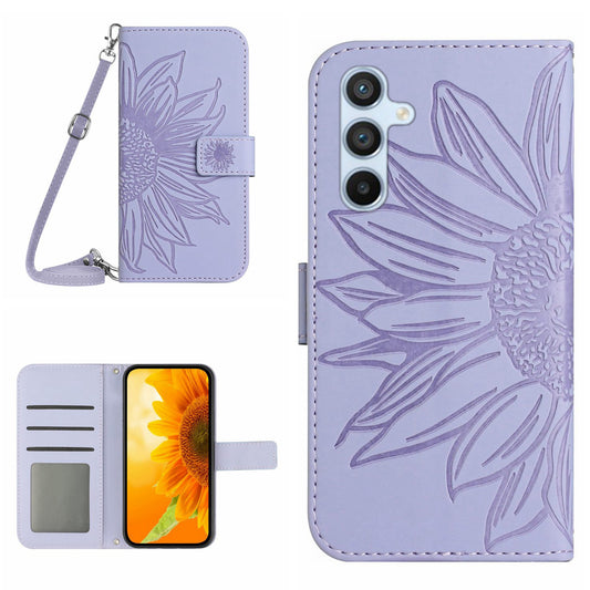 HT04 For Samsung Galaxy A16 5G / A16 4G Case Sunflower Imprint PU Leather Phone Cover with Long Strap - Light Purple