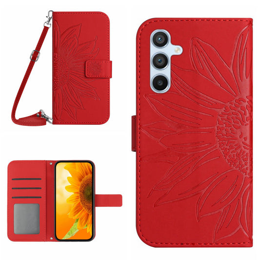 HT04 For Samsung Galaxy A16 5G / A16 4G Case Sunflower Imprint PU Leather Phone Cover with Long Strap - Red