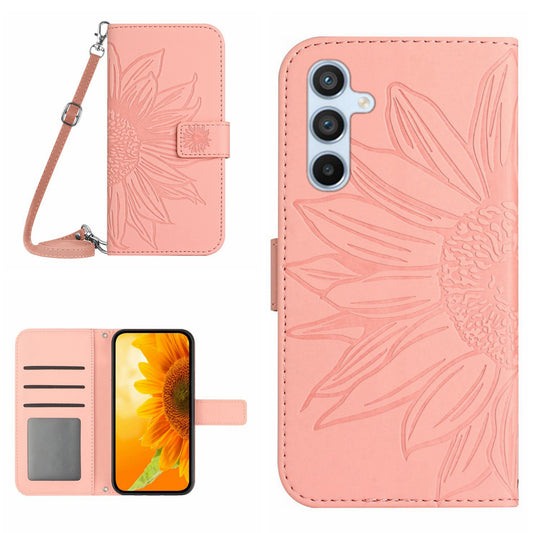 HT04 For Samsung Galaxy A16 5G / A16 4G Case Sunflower Imprint PU Leather Phone Cover with Long Strap - Light Pink