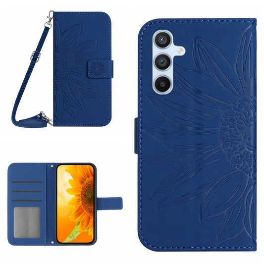 HT04 For Samsung Galaxy A16 5G / A16 4G Case Sunflower Imprint PU Leather Phone Cover with Long Strap - Sapphire