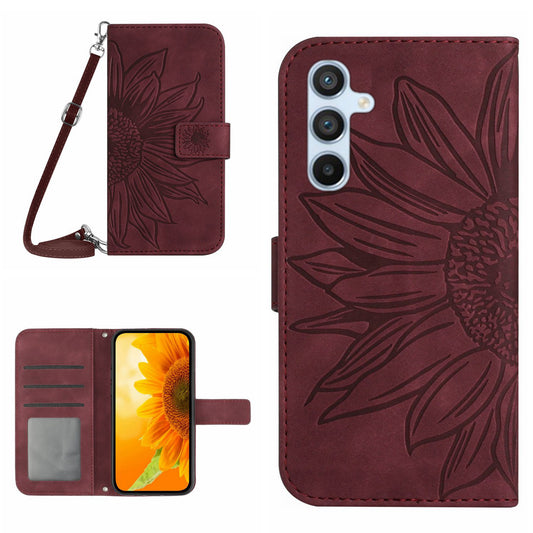 HT04 For Samsung Galaxy A16 5G / A16 4G Case Sunflower Imprint PU Leather Phone Cover with Long Strap - Wine Red