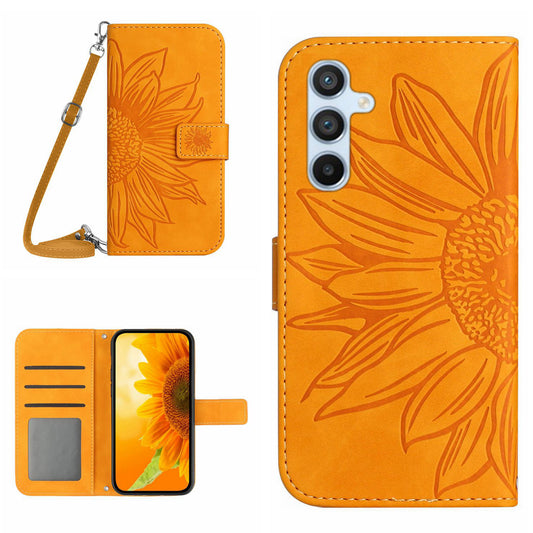 HT04 For Samsung Galaxy A16 5G / A16 4G Case Sunflower Imprint PU Leather Phone Cover with Long Strap - Yellow