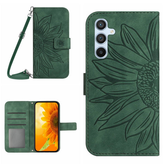 HT04 For Samsung Galaxy A16 5G / A16 4G Case Sunflower Imprint PU Leather Phone Cover with Long Strap - Dark Green