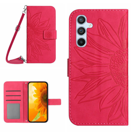 HT04 For Samsung Galaxy A16 5G / A16 4G Case Sunflower Imprint PU Leather Phone Cover with Long Strap - Rose