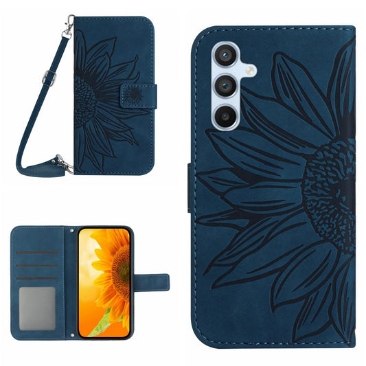 HT04 For Samsung Galaxy A16 5G / A16 4G Case Sunflower Imprint PU Leather Phone Cover with Long Strap - Dark Blue