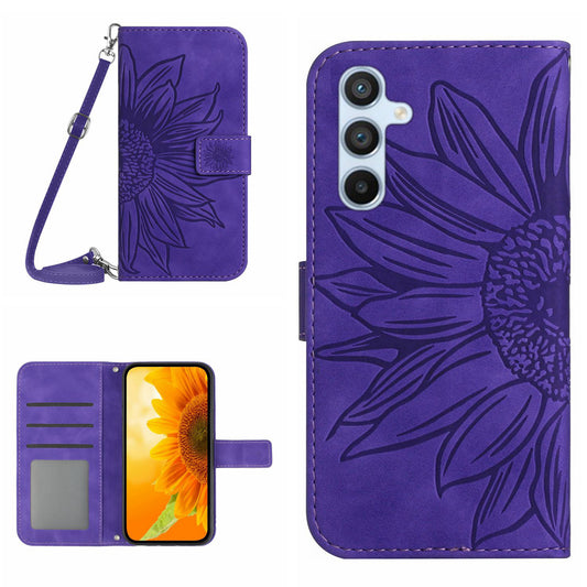 HT04 For Samsung Galaxy A16 5G / A16 4G Case Sunflower Imprint PU Leather Phone Cover with Long Strap - Dark Purple