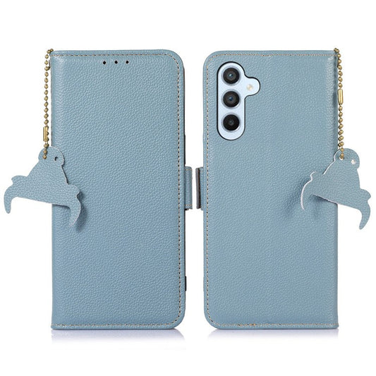 For Samsung Galaxy M35 5G Case RFID Blocking Textured Genuine Cow Leather Phone Cover - Blue