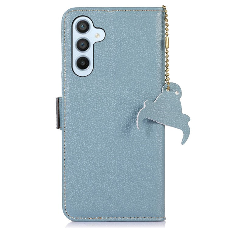 For Samsung Galaxy M35 5G Case RFID Blocking Textured Genuine Cow Leather Phone Cover - Blue
