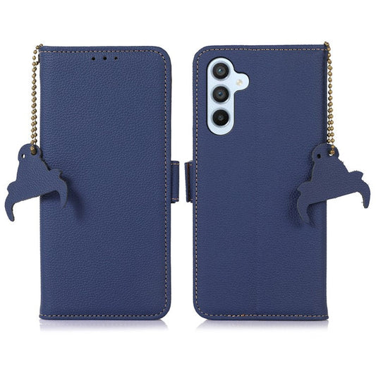 For Samsung Galaxy M35 5G Case RFID Blocking Textured Genuine Cow Leather Phone Cover - Sapphire