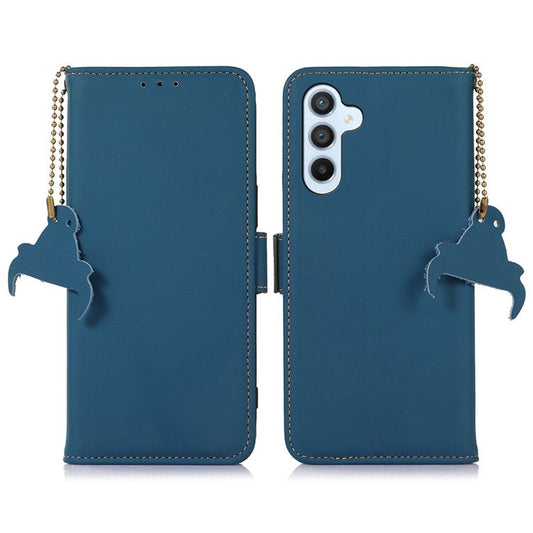 For Samsung Galaxy M35 5G Wallet Case Anti-Drop Genuine Cow Leather Phone Cover RFID Blocking - Blue