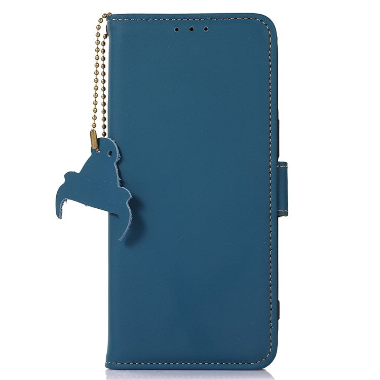 For Samsung Galaxy M35 5G Wallet Case Anti-Drop Genuine Cow Leather Phone Cover RFID Blocking - Blue