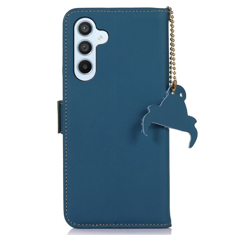 For Samsung Galaxy M35 5G Wallet Case Anti-Drop Genuine Cow Leather Phone Cover RFID Blocking - Blue