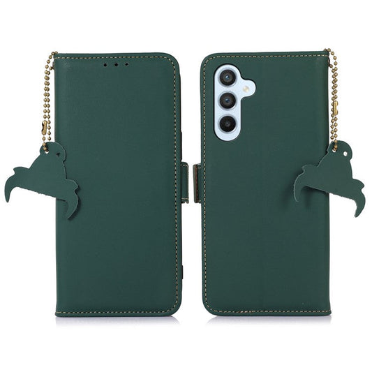 For Samsung Galaxy M35 5G Wallet Case Anti-Drop Genuine Cow Leather Phone Cover RFID Blocking - Green