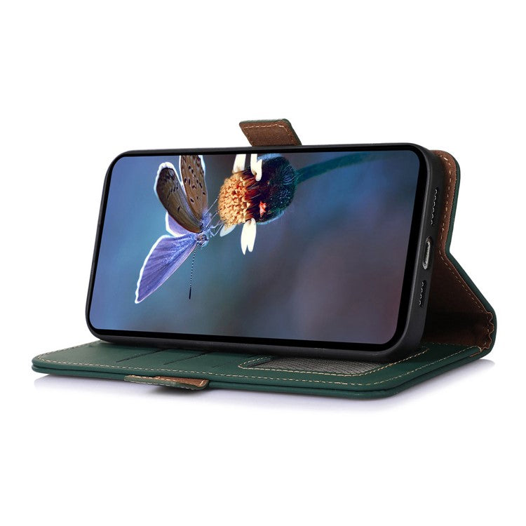 For Samsung Galaxy M35 5G Wallet Case Anti-Drop Genuine Cow Leather Phone Cover RFID Blocking - Green
