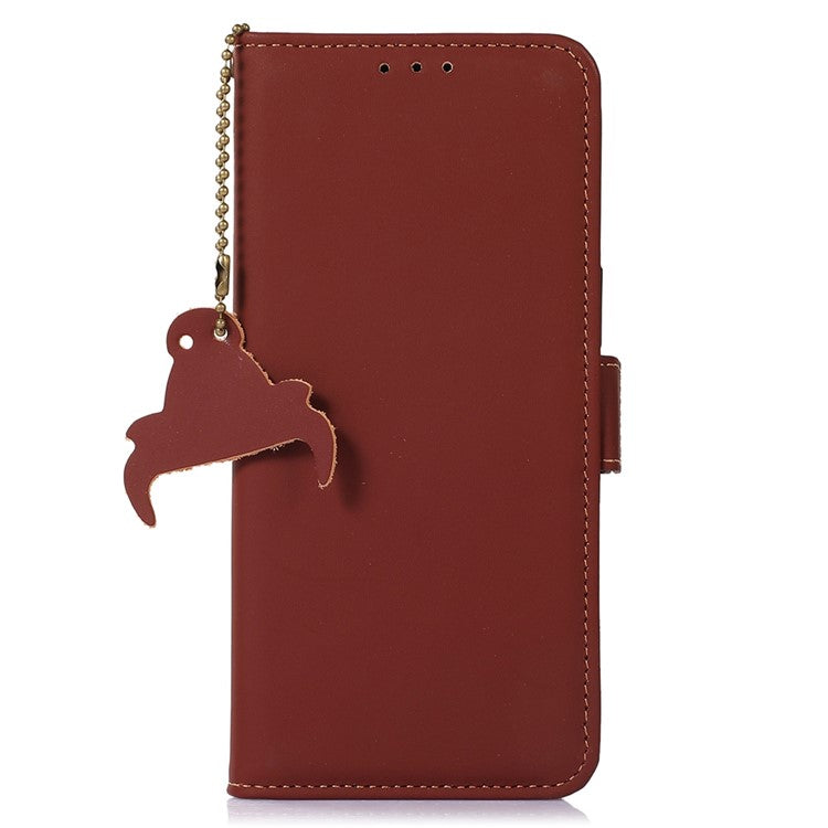 For Samsung Galaxy M35 5G Wallet Case Anti-Drop Genuine Cow Leather Phone Cover RFID Blocking - Coffee