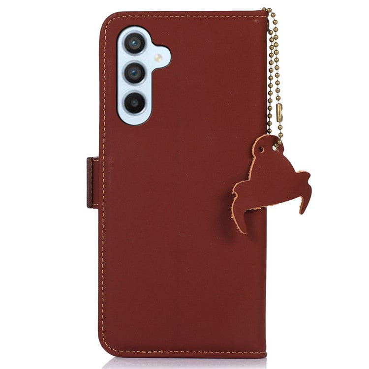 For Samsung Galaxy M35 5G Wallet Case Anti-Drop Genuine Cow Leather Phone Cover RFID Blocking - Coffee