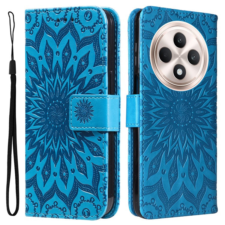 KT Imprinting Flower Series-1 For Oppo Reno12 F 4G Wallet Case Sunflower Stand Leather Phone Cover - Blue