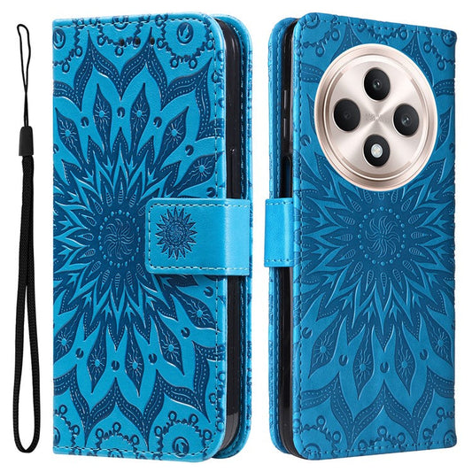 KT Imprinting Flower Series-1 For Oppo Reno12 F 4G Wallet Case Sunflower Stand Leather Phone Cover - Blue