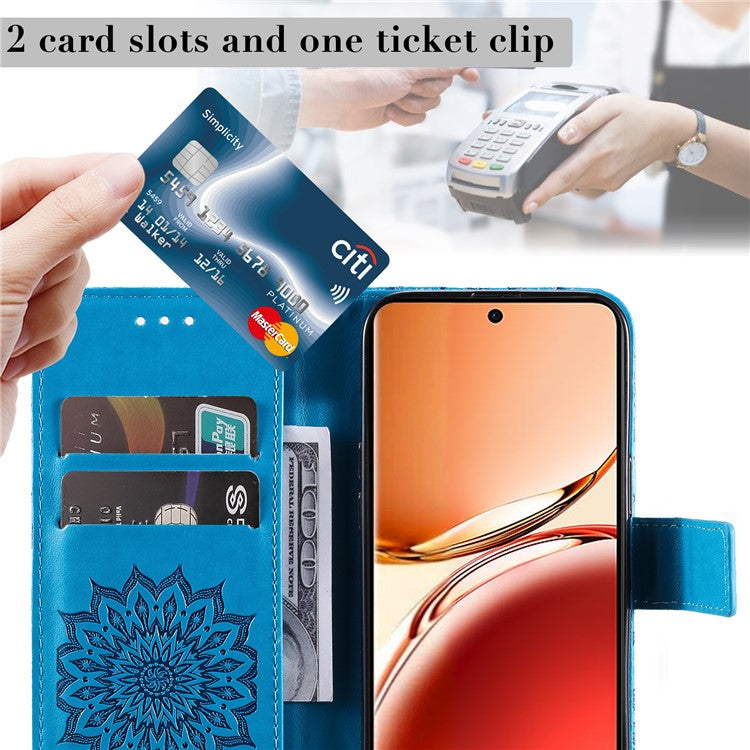KT Imprinting Flower Series-1 For Oppo Reno12 F 4G Wallet Case Sunflower Stand Leather Phone Cover - Blue