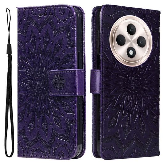 KT Imprinting Flower Series-1 For Oppo Reno12 F 4G Wallet Case Sunflower Stand Leather Phone Cover - Purple
