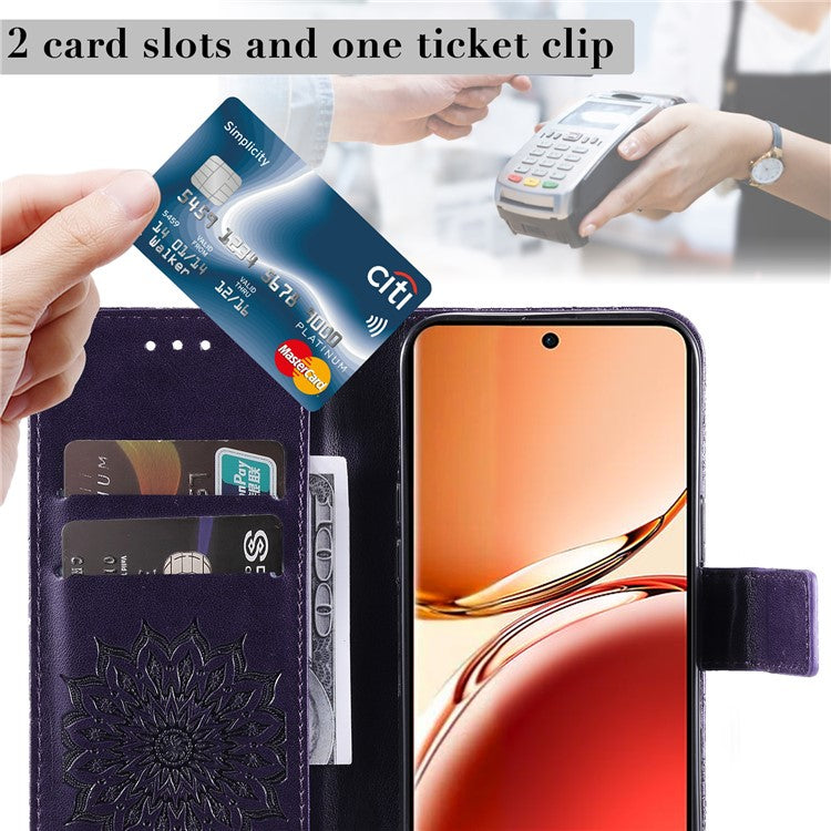 KT Imprinting Flower Series-1 For Oppo Reno12 F 4G Wallet Case Sunflower Stand Leather Phone Cover - Purple