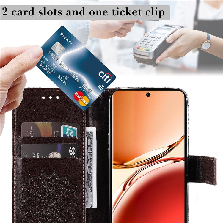 KT Imprinting Flower Series-1 For Oppo Reno12 F 4G Wallet Case Sunflower Stand Leather Phone Cover - Brown