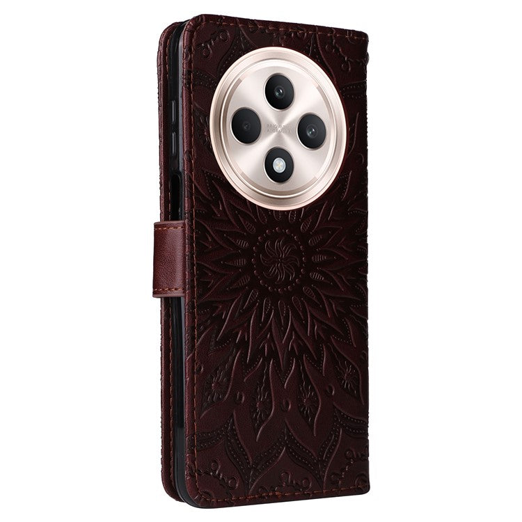 KT Imprinting Flower Series-1 For Oppo Reno12 F 4G Wallet Case Sunflower Stand Leather Phone Cover - Brown