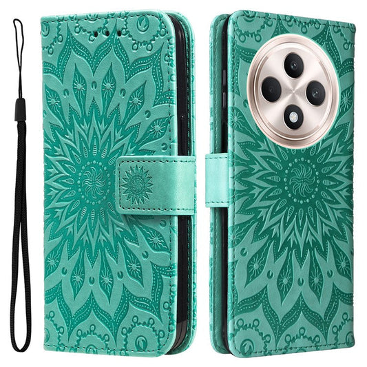 KT Imprinting Flower Series-1 For Oppo Reno12 F 4G Wallet Case Sunflower Stand Leather Phone Cover - Green