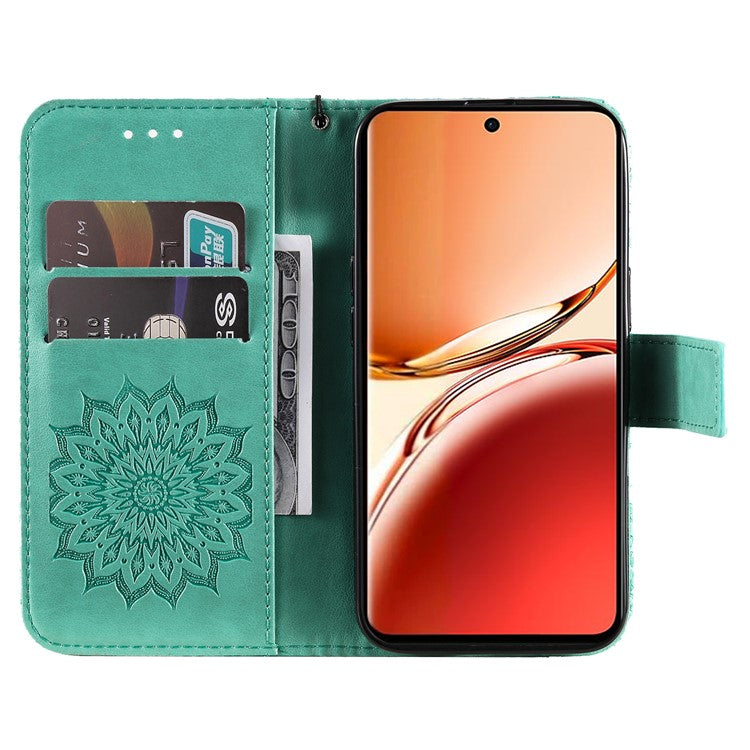 KT Imprinting Flower Series-1 For Oppo Reno12 F 4G Wallet Case Sunflower Stand Leather Phone Cover - Green
