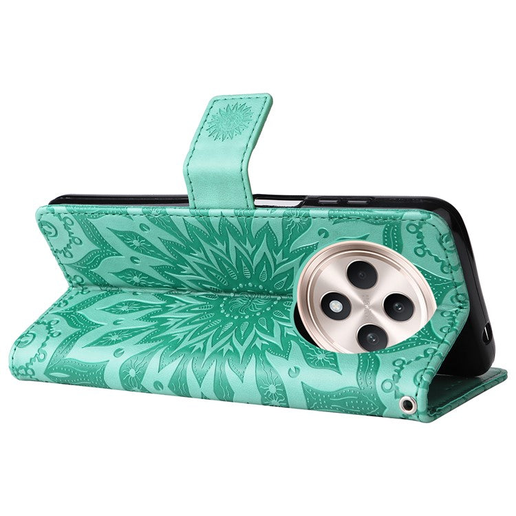 KT Imprinting Flower Series-1 For Oppo Reno12 F 4G Wallet Case Sunflower Stand Leather Phone Cover - Green