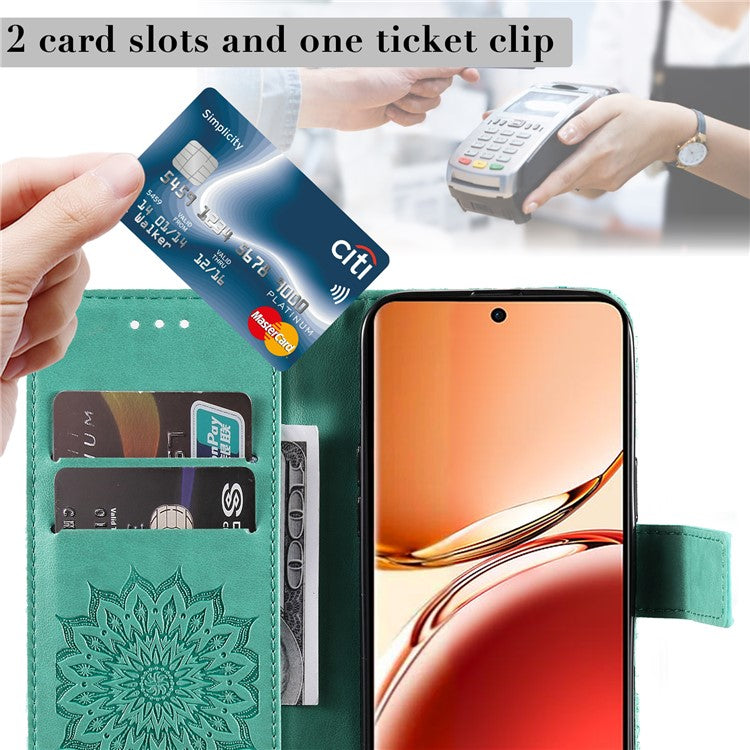 KT Imprinting Flower Series-1 For Oppo Reno12 F 4G Wallet Case Sunflower Stand Leather Phone Cover - Green