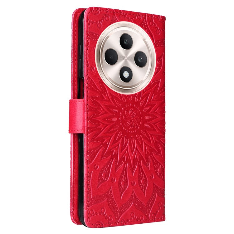 KT Imprinting Flower Series-1 For Oppo Reno12 F 4G Wallet Case Sunflower Stand Leather Phone Cover - Red