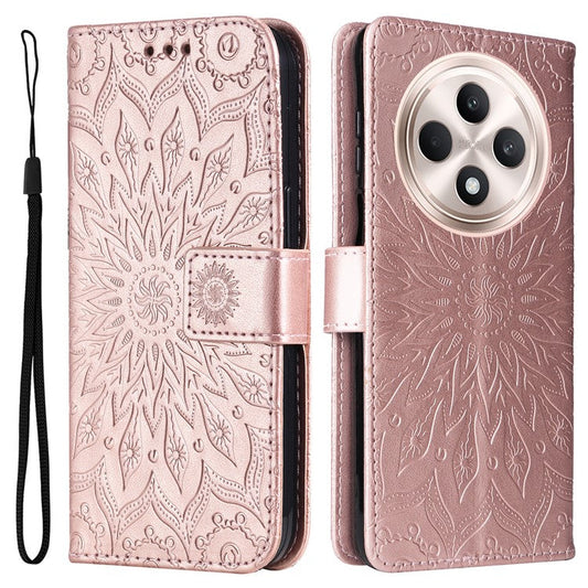 KT Imprinting Flower Series-1 For Oppo Reno12 F 4G Wallet Case Sunflower Stand Leather Phone Cover - Rose Gold