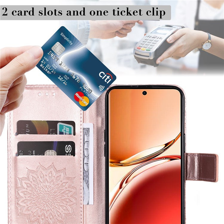 KT Imprinting Flower Series-1 For Oppo Reno12 F 4G Wallet Case Sunflower Stand Leather Phone Cover - Rose Gold