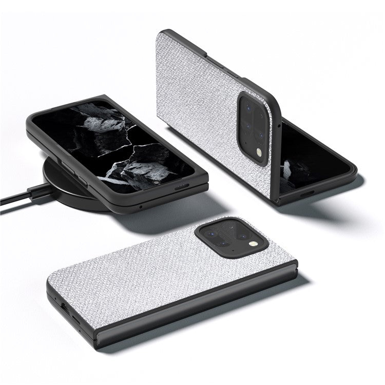 For Google Pixel 9 Pro Fold 5G Case PU+PC Phone Cover Rhinestone Texture - Silver