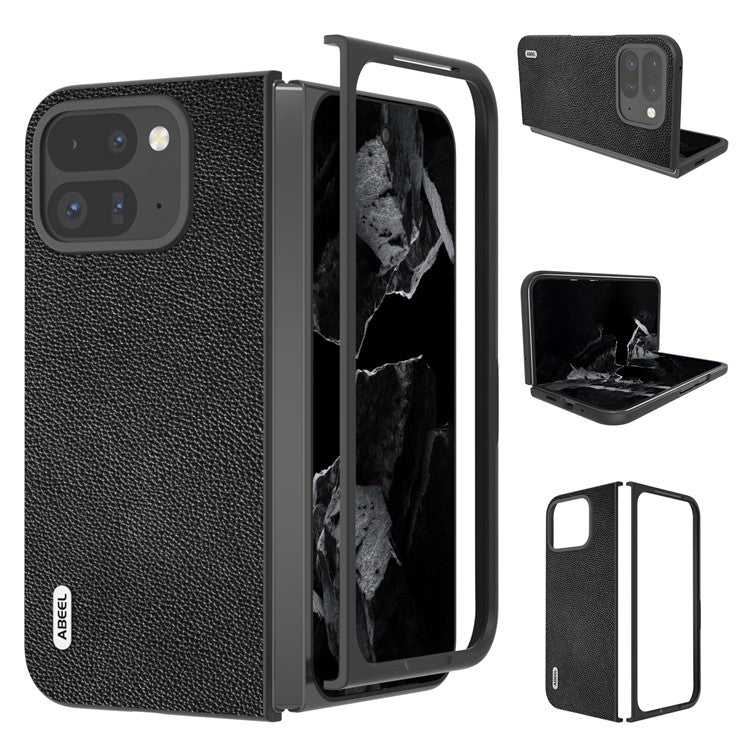ABEEL For Google Pixel 9 Pro Fold 5G Phone Case Litchi Texture Genuine Cow Leather Hard PC Cover - Black