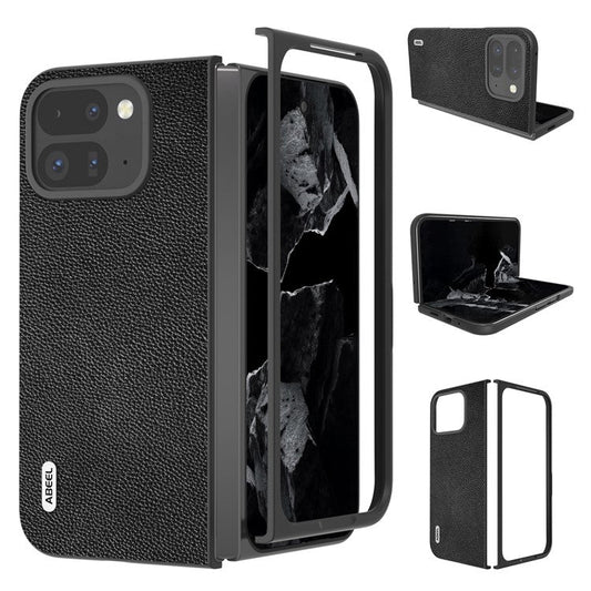 ABEEL For Google Pixel 9 Pro Fold 5G Phone Case Litchi Texture Genuine Cow Leather Hard PC Cover - Black