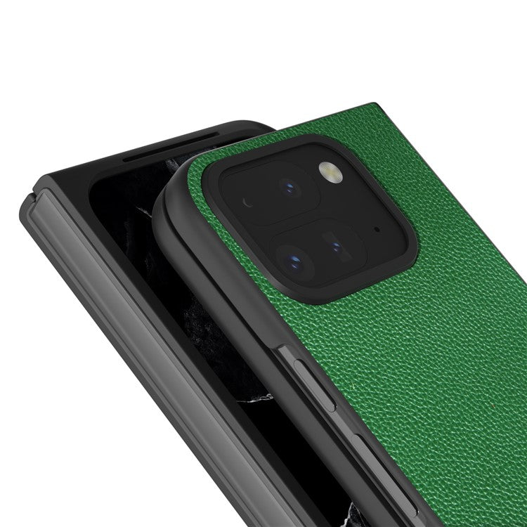 ABEEL For Google Pixel 9 Pro Fold 5G Phone Case Litchi Texture Genuine Cow Leather Hard PC Cover - Green