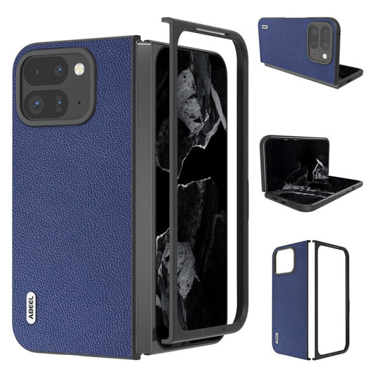 ABEEL For Google Pixel 9 Pro Fold 5G Phone Case Litchi Texture Genuine Cow Leather Hard PC Cover - Blue