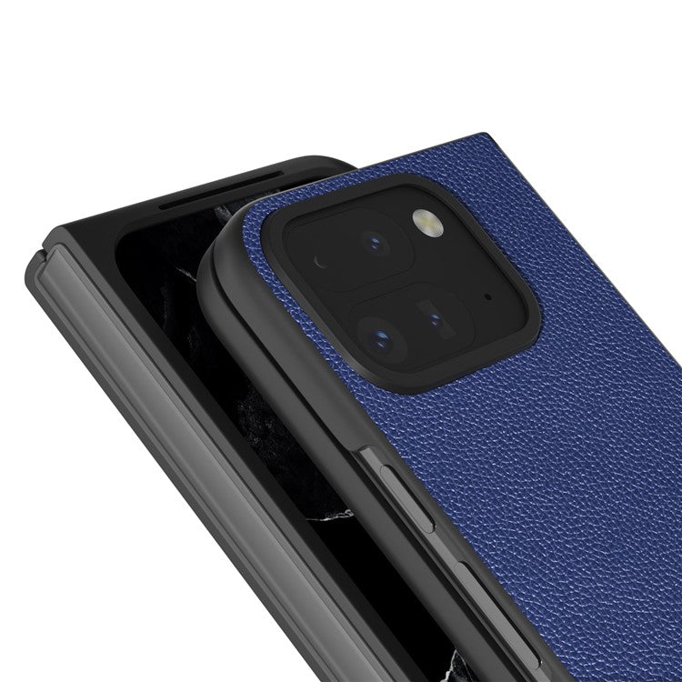ABEEL For Google Pixel 9 Pro Fold 5G Phone Case Litchi Texture Genuine Cow Leather Hard PC Cover - Blue